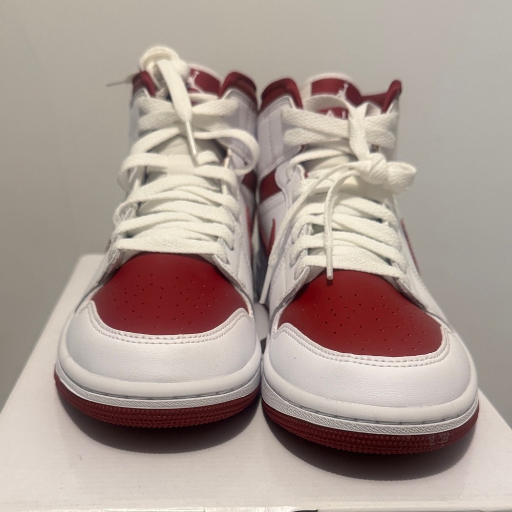 White and Red Air Jordan 1 Mid Sneakers - Picture 2 of 2